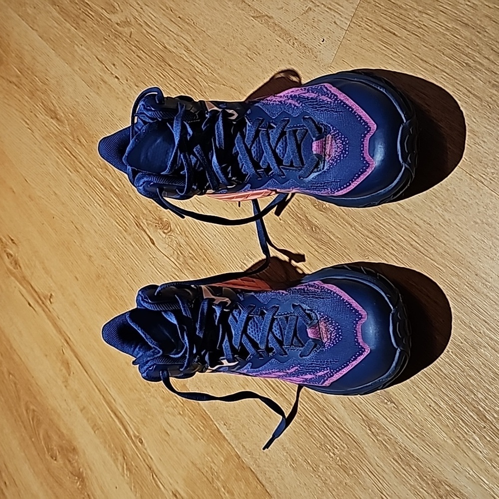 HOKA SPEEDGOAT 5, Hiking boot,  blue,  pink, and, orange, used maybe 5 times.